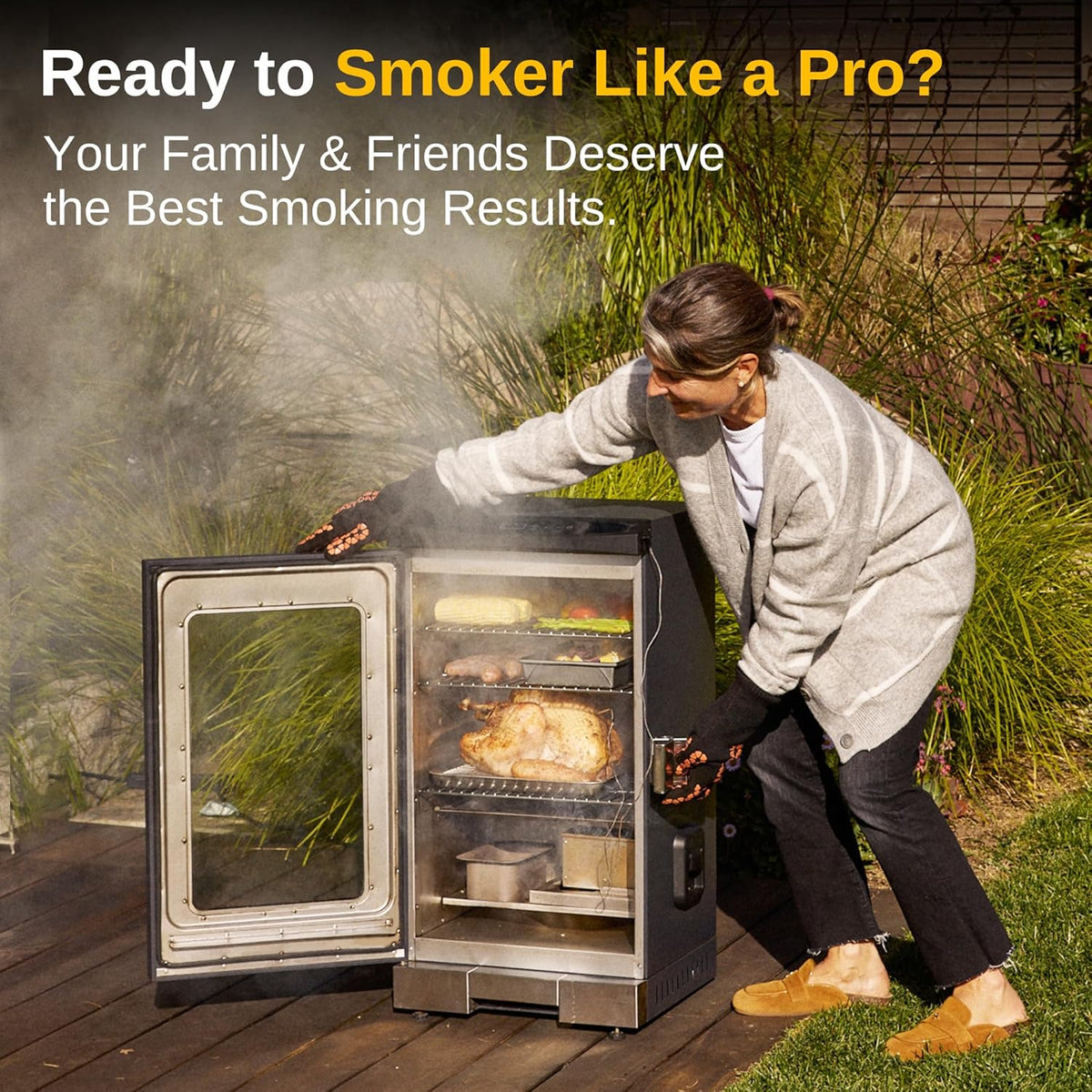 30 Electric Smoker. Outdoor Smoker with Glass Door & Meat Thermometer. 725 Sq Inch Large Capacity. 4 Detachable Racks for Backyard BBQ. Party. Outdoor Cooking Night Blue