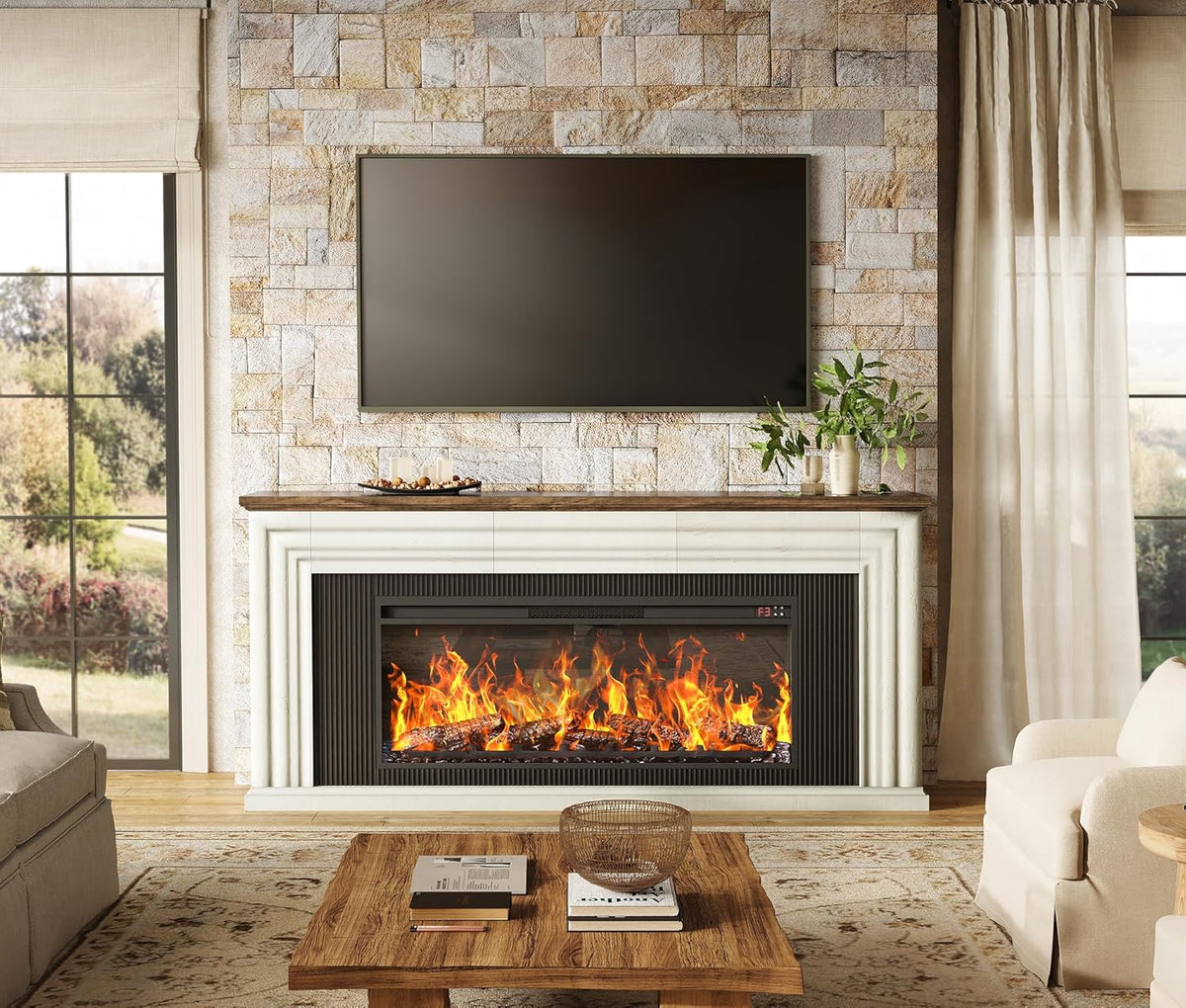 75-inch wall-mounted TV cabinet. rustic modern entertainment center with fireplace. 70-inch media cabinet with 3 drawers. featuring a recessed design. suitable for the living room. black version