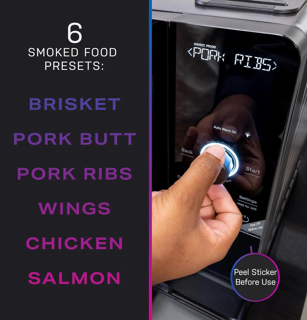 Smart Indoor Pellet Smoker. with Active Smoke Filtration. 5 Smoke Control Settings. WiFi Connected. Electric. Countertop BBQ Appliance. Black