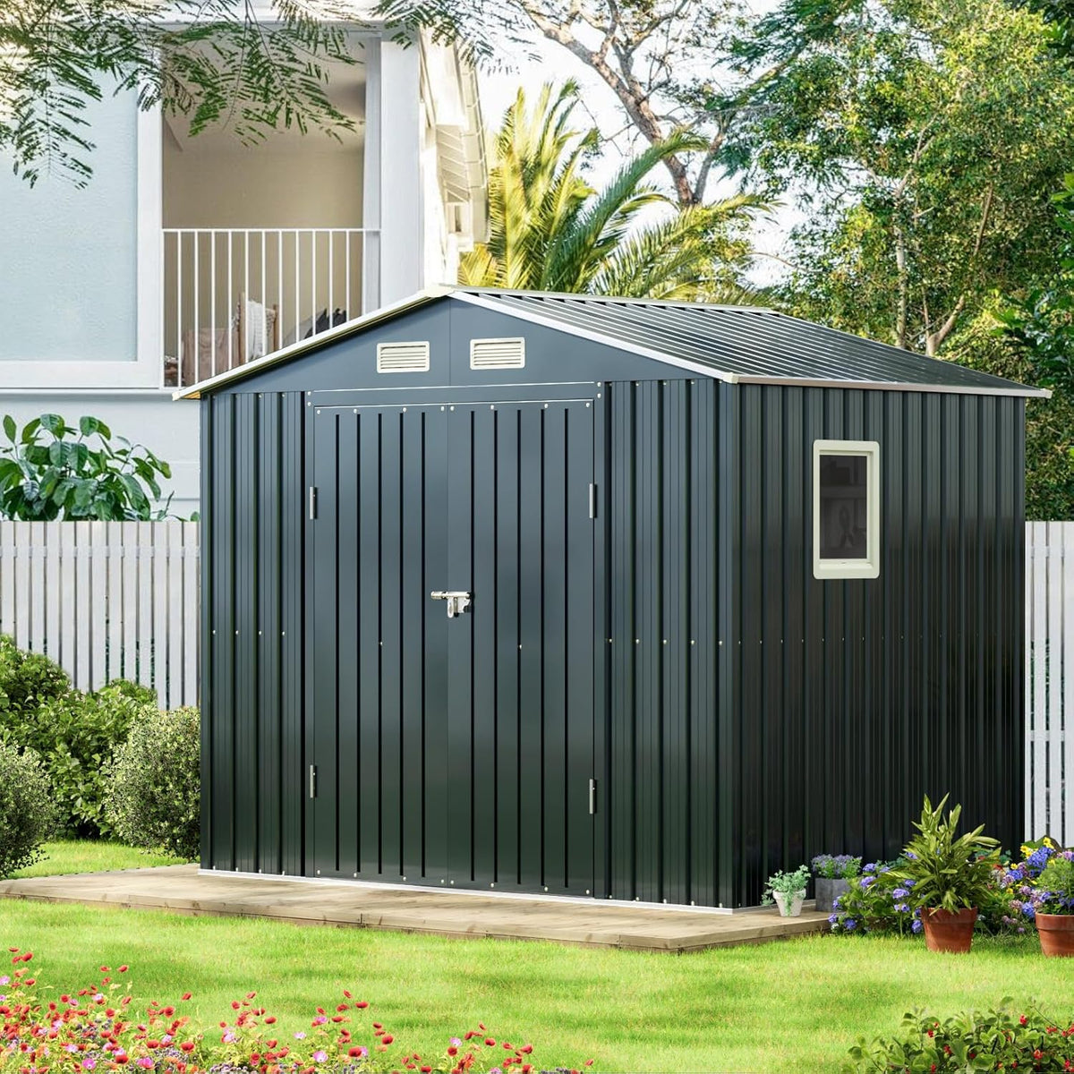 8x6FT Outdoor Steel Storage Shed with Clear Window. Lockable Doors. Weather-Resistant Metal Tool Shed for Garden. Backyard. Patio. and Utility Storage