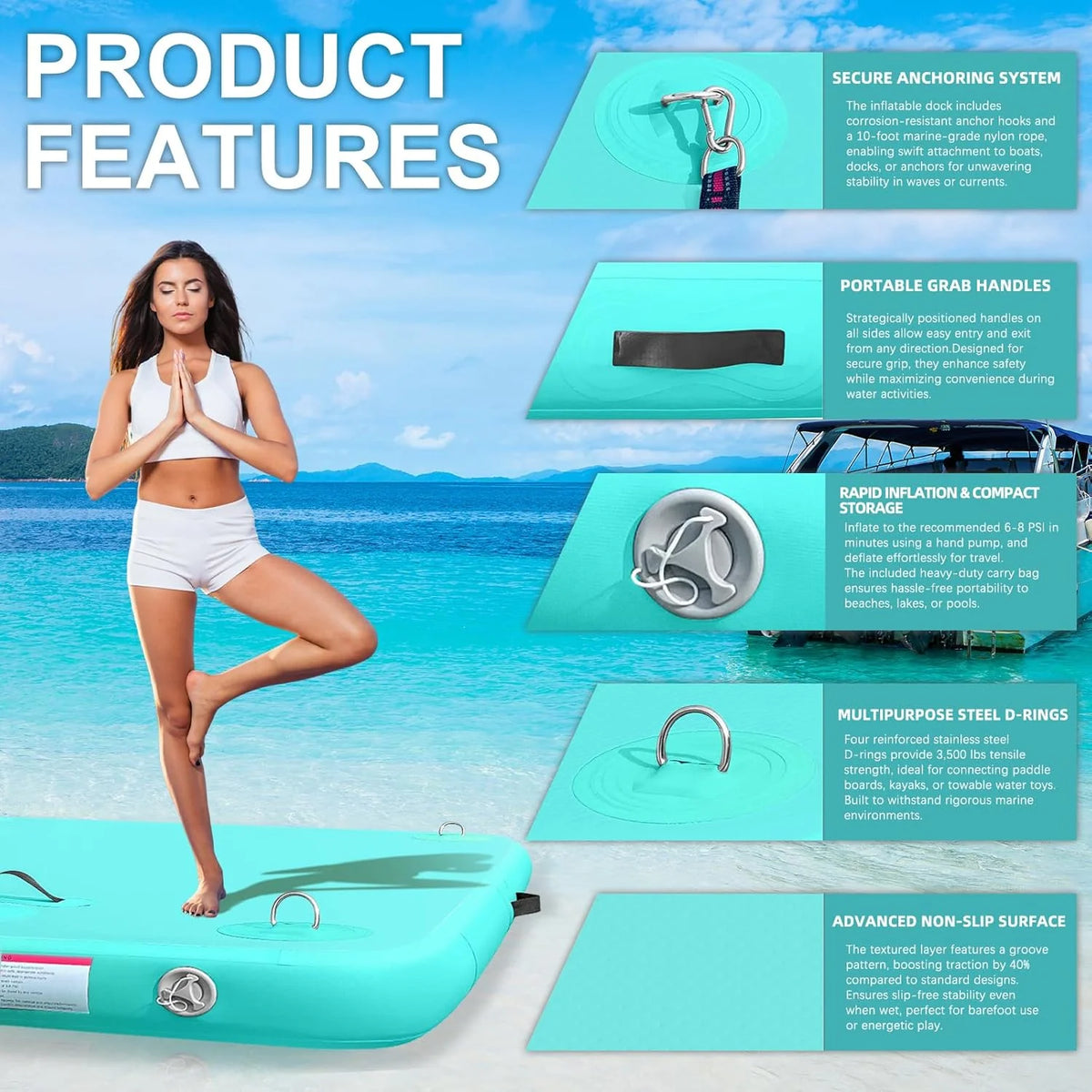 Inflatable Floating Dock Air Dock Platform Floating Island Raft with None-Slip Surface for Pool Beach Ocean