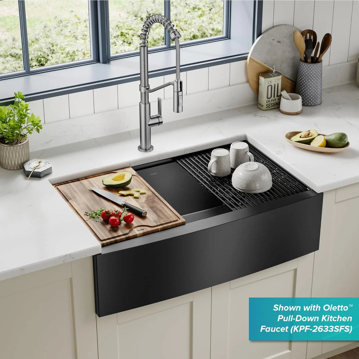 33-inch country-style workstation with built-in sink. dish drying rack. and stainless steel kitchen sink