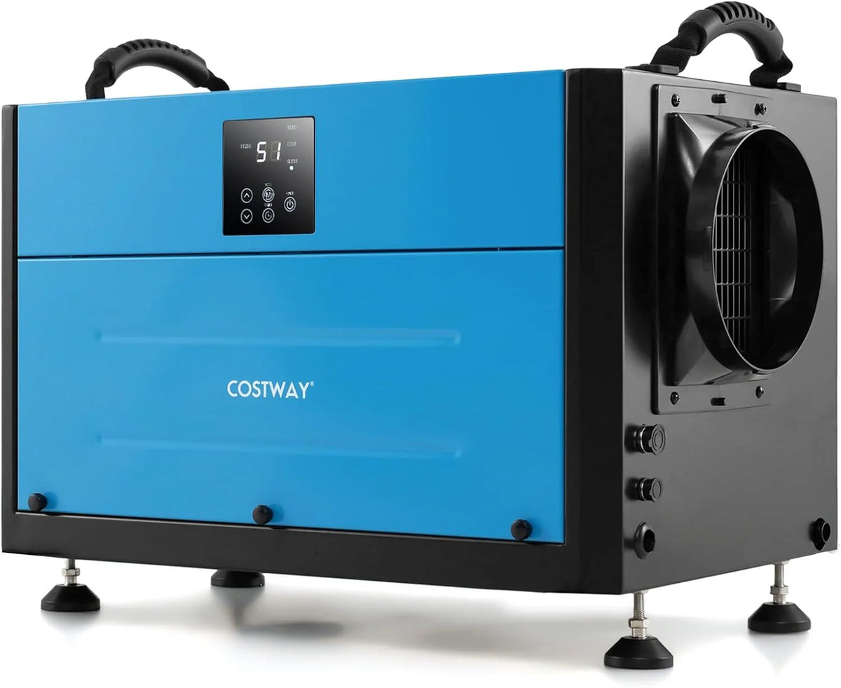Commercial dehumidifier. suitable for 1300 square feet of basements. warehouses or work sites. equipped with a 9.8-foot drainage pipe and a wired remote control panel. white model.