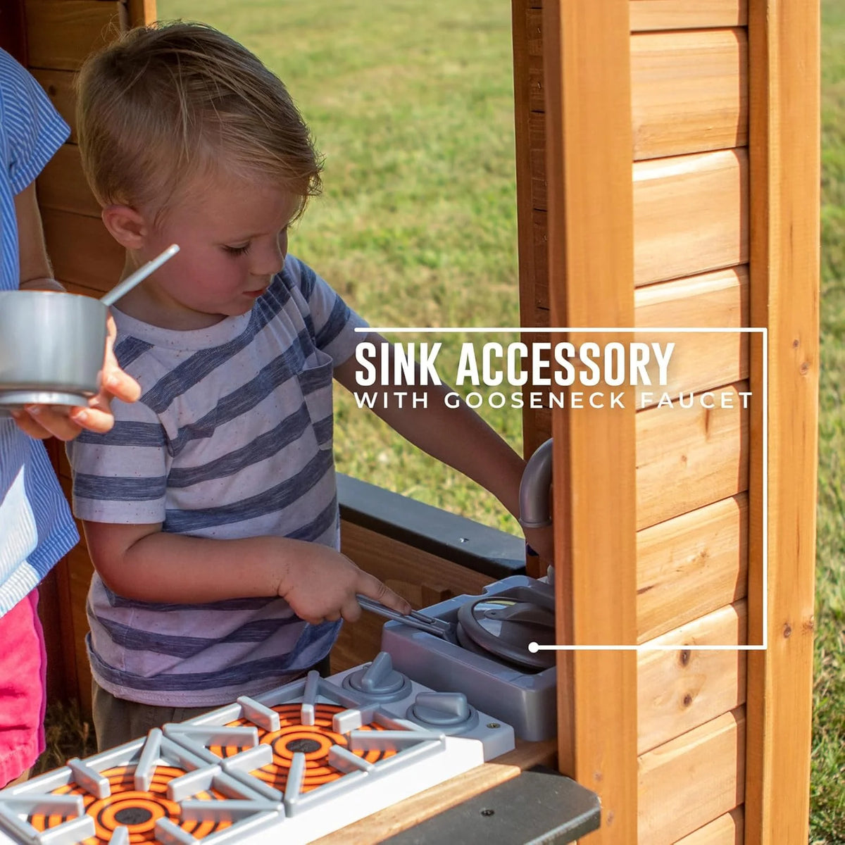 Children's playhouse cabin. equipped with a game kitchen. snack bar. half-door. toy phone. windows. flower pot stand and an operable doorbell. suitable for creative outdoor games.