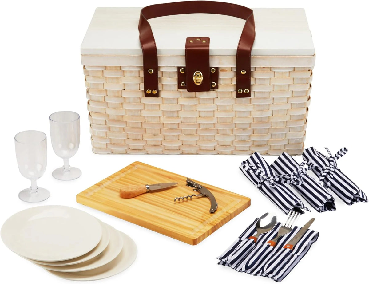 Outdoor picnic basket (with lid and handle). four-person picnic basket (including accessories) picnic equipment set (28-piece set)