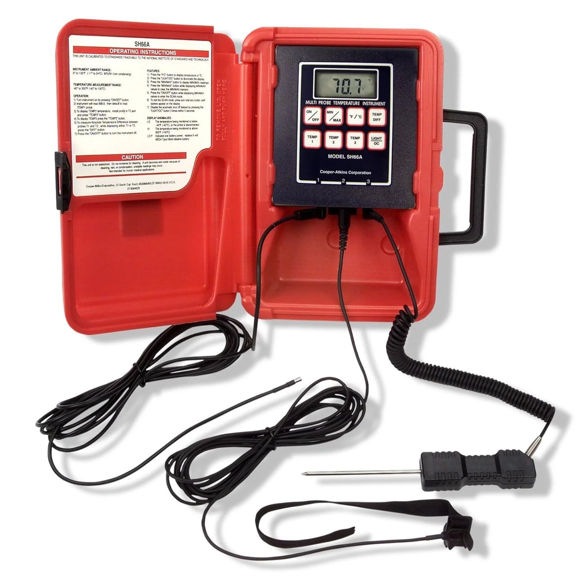 A thermoresistance thermometer with a liquid crystal display. in a red color. with a temperature range of -40°F to 300°F.