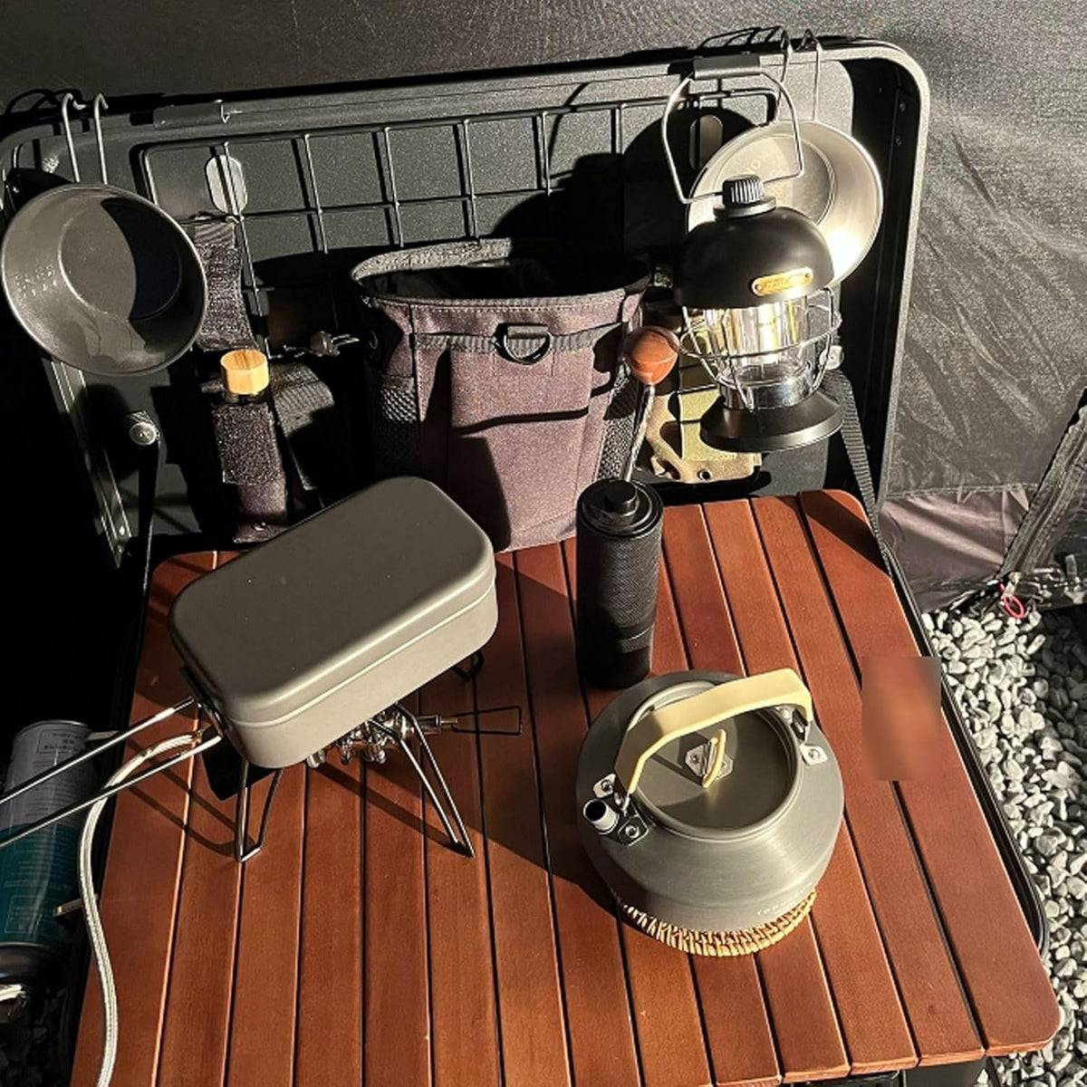 Camping box - Waterproof outdoor metal storage box. 47 liters. portable RV box. equipped with a wooden table and a set of 3 storage bags. large capacity storage box