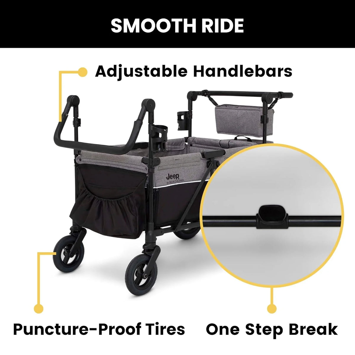 Luxurious 4-seater children's stroller - A high-end 4-seater children's stroller specially designed for 4 children. equipped with convertible seats. adjustable push-pull handles. detachable sunshade. and flat folding device. The color is grey.