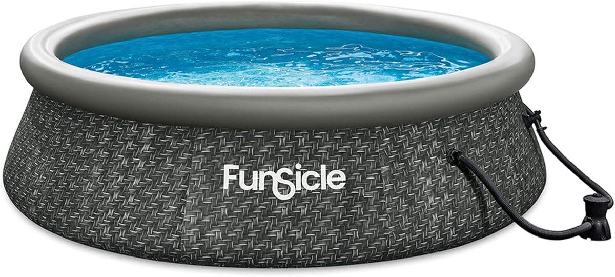 12 Foot by 36 Inch Quickset Round Inflatable Ring Top Outdoor Above Ground Swimming Pool Set with Pump and Cartridge Filter. Dark Herringbone