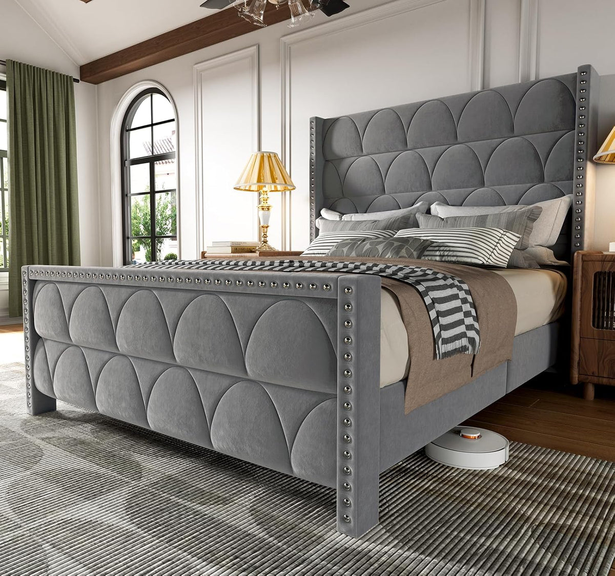 King Size Bed Frame with 56 Headboard - 1000LBS Capacity Support. Velvet Upholstered Wingback Platform Bed Frame. Noise Free. Sturdy Wooden Slat Support
