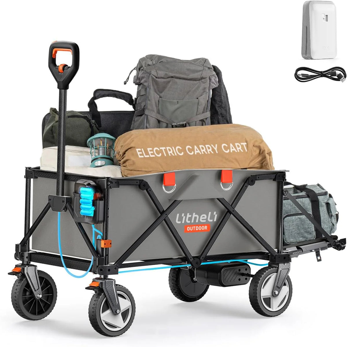 Utility truck. with a capacity of 200 liters and a load capacity of 300 pounds. featuring a foldable heavy-duty design. equipped with all-terrain wheels. featuring variable speed drive and battery power functions. suitable for camping. beaches. garde