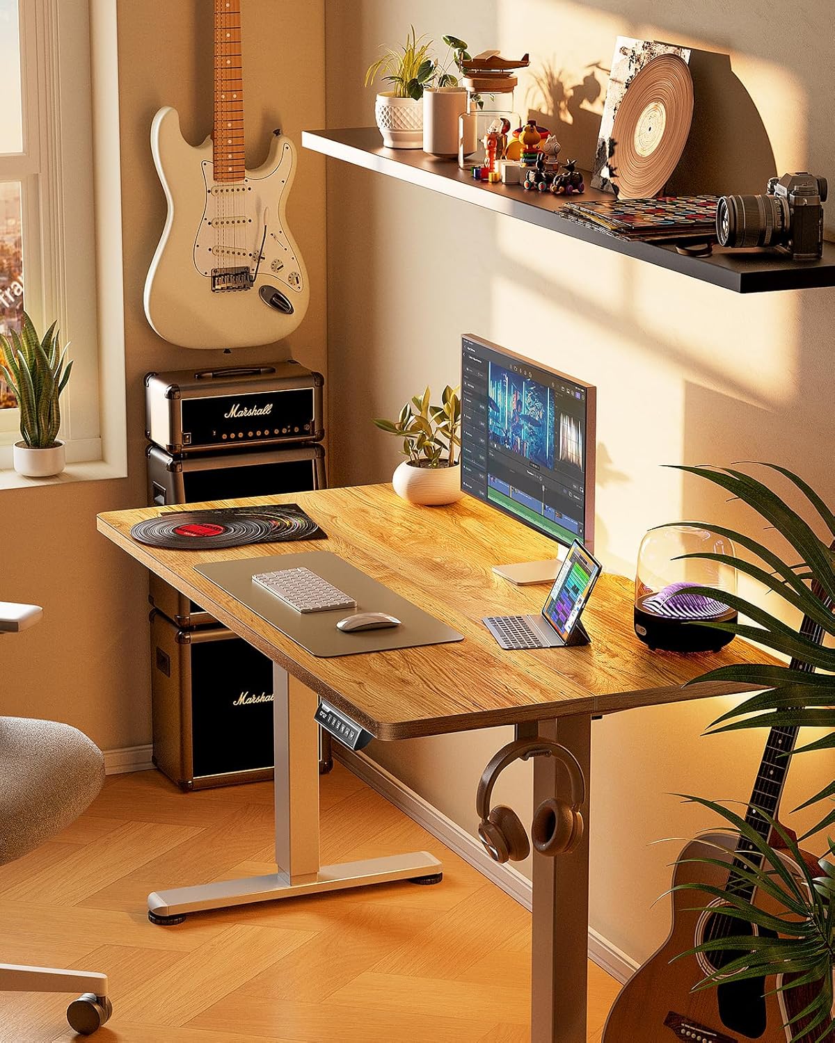 Height Adjustable Electric Standing Desk. 40 x 24 Inches Sit Stand up Desk. Small Memory Computer Home Office Desk with Two-Piece Desktop (Light Vintage Brown)