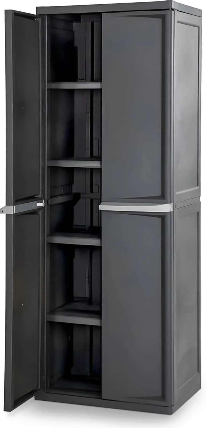 Storage Cabinet. Rugged Plastic Garage Organizer with Double Doors. 4 Adjustable Shelves. Gray