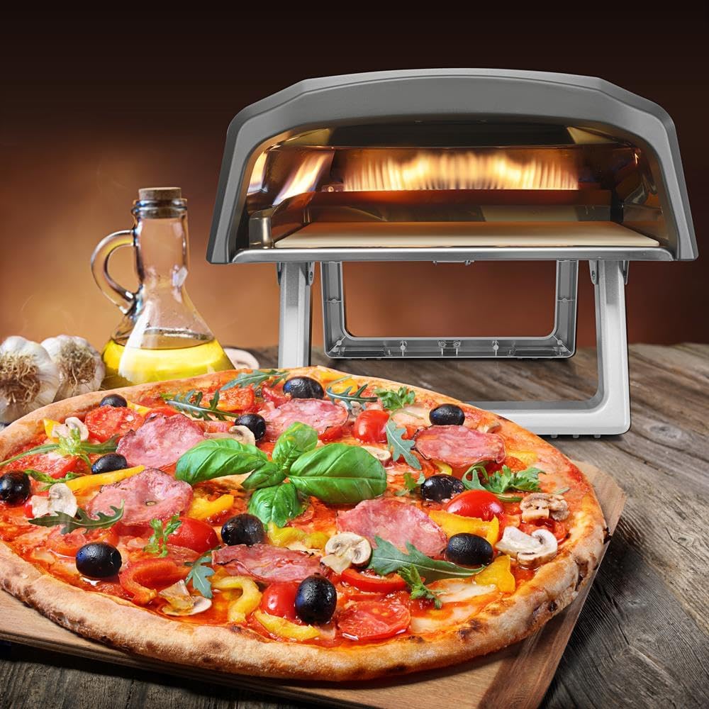 Outdoor pizza oven. equipped with 360-degree rotating pizza stone | Adjustable temperature control | Includes pizza shovel. pizza knife. stone. lid and hose | Can bake a 12-inch pizza in 60 seconds | 32.9 x 16.1 x 12.4 inches