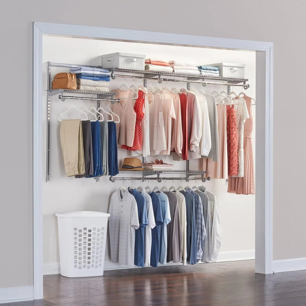 Rubbermaid Configurations Custom Closet Kit 4-8 Ft. Adjustable Metal Wire Shelving White Finish Expandable Organization System Hardware Included for Home Closet/Pantry/Laundry/Mudroom
