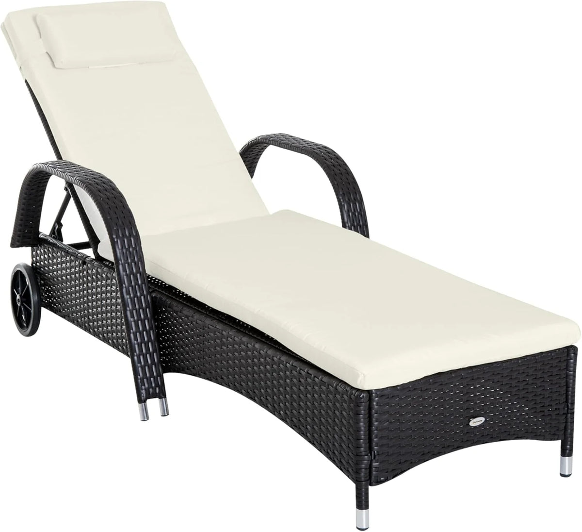 Wicker Outdoor Chaise Lounge. 5-Level Adjustable Backrest PE Rattan Pool Lounge Chair with Wheels. Cushion & Headrest. Brown and Dark Blue