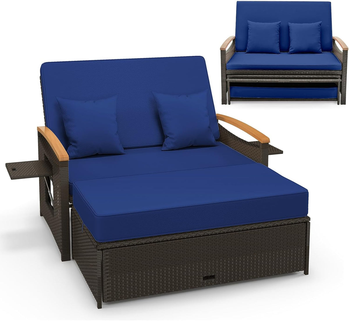 Moccha Outdoor Wicker Daybed. Patio Rattan Loveseat Sofa w/ 4-Level Adjustable Backrest. Folding Panels. Storage Ottoman & Cushions. Lounge Furniture Set for Poolside Backyard Porch (Beige)