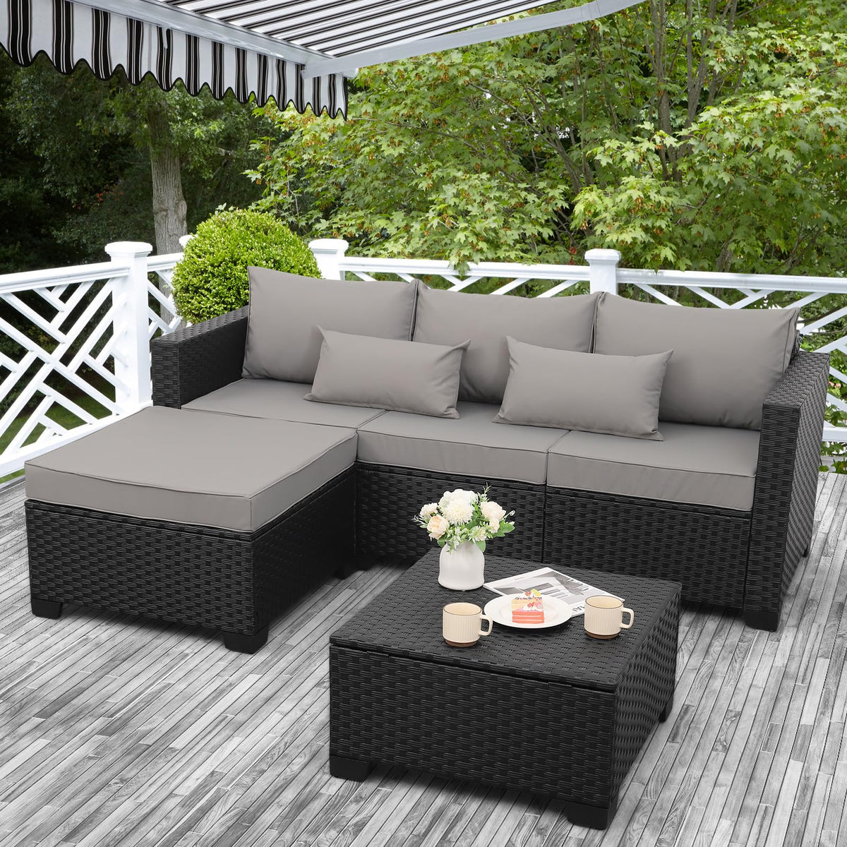 3 Pieces Patio Furniture Set with Ottoman and Outdoor Storage Table