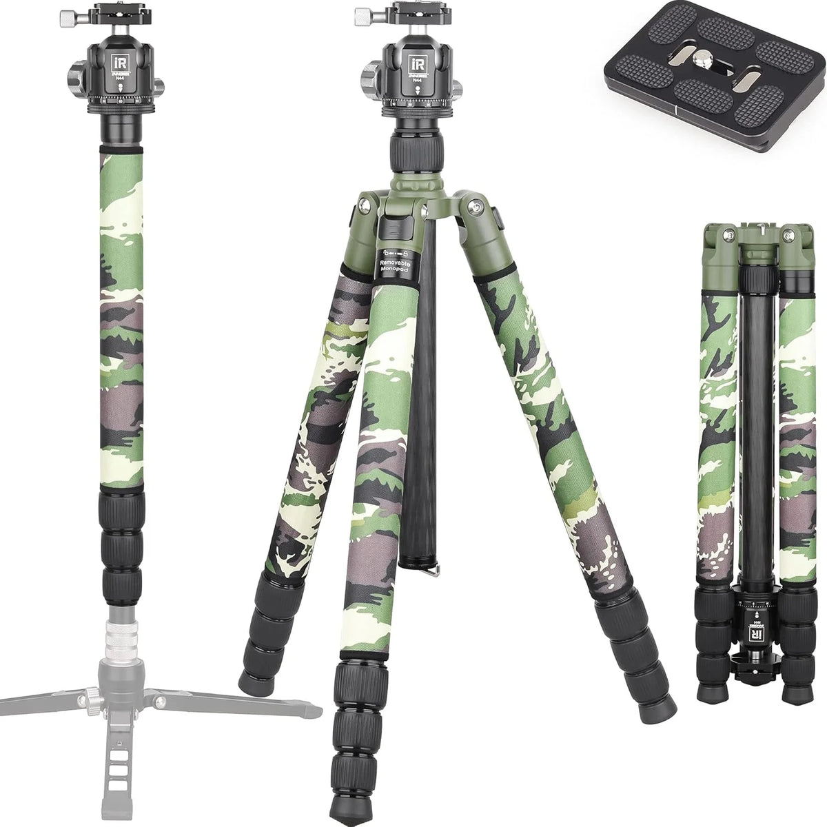 Super professional bracket. with low center of gravity. featuring low gravity effect. 360-degree rotating panoramic spherical connector. and green camouflage leg covers. suitable for digital single-lens reflex cameras.