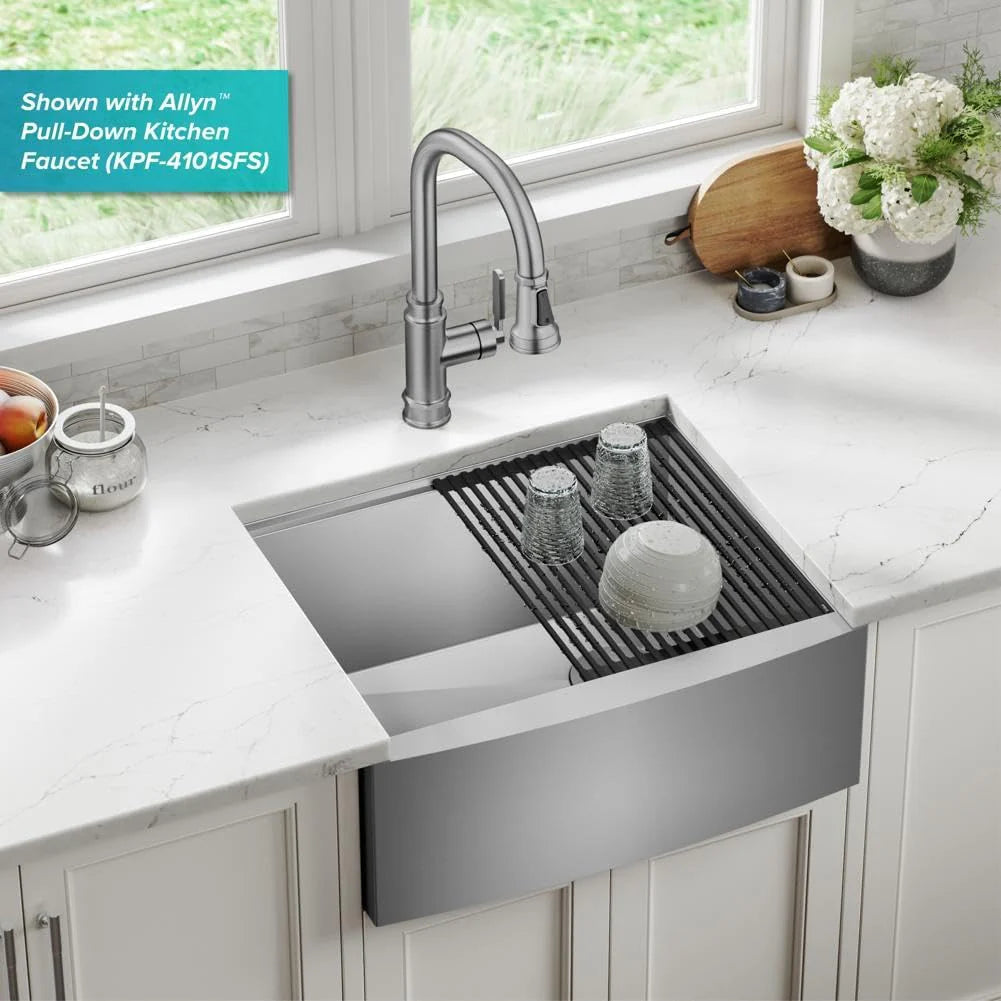 33-inch country-style workstation with built-in sink. dish drying rack. and stainless steel kitchen sink