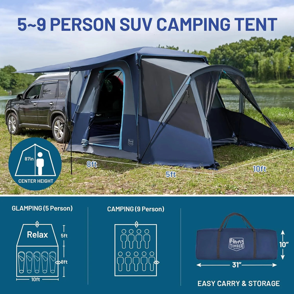 5-9 Person SUV Tent with Screen Porch and Awning for Family Camping. Weather Resistant and Portable Van or Car Tent. Includes Rainfly and Storage Bag. 13' W X 10' L X 7.1' H