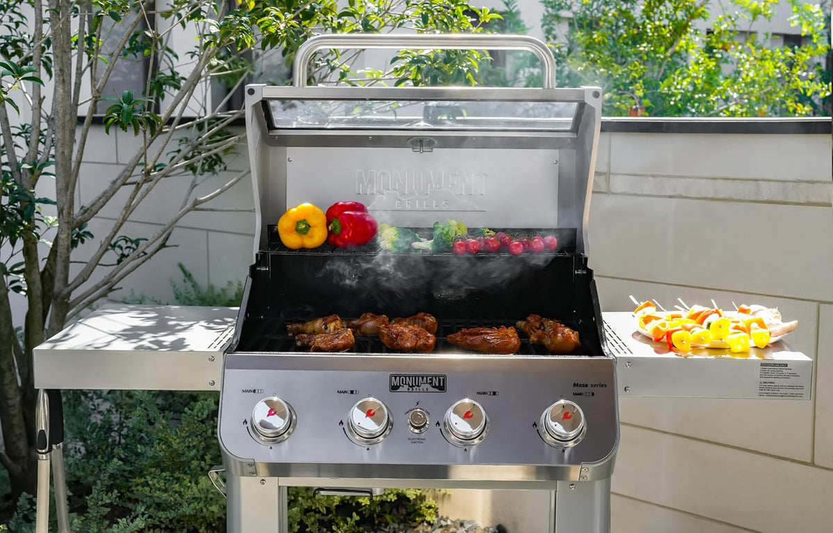 Grills 4-Burner Liquid Propane Gas Grill. Silver Stainless Steel Grill Outdoor Patio Garden Barbecue Grill with Clearview® Lid and One Foldable Shelf. Mesa400MF