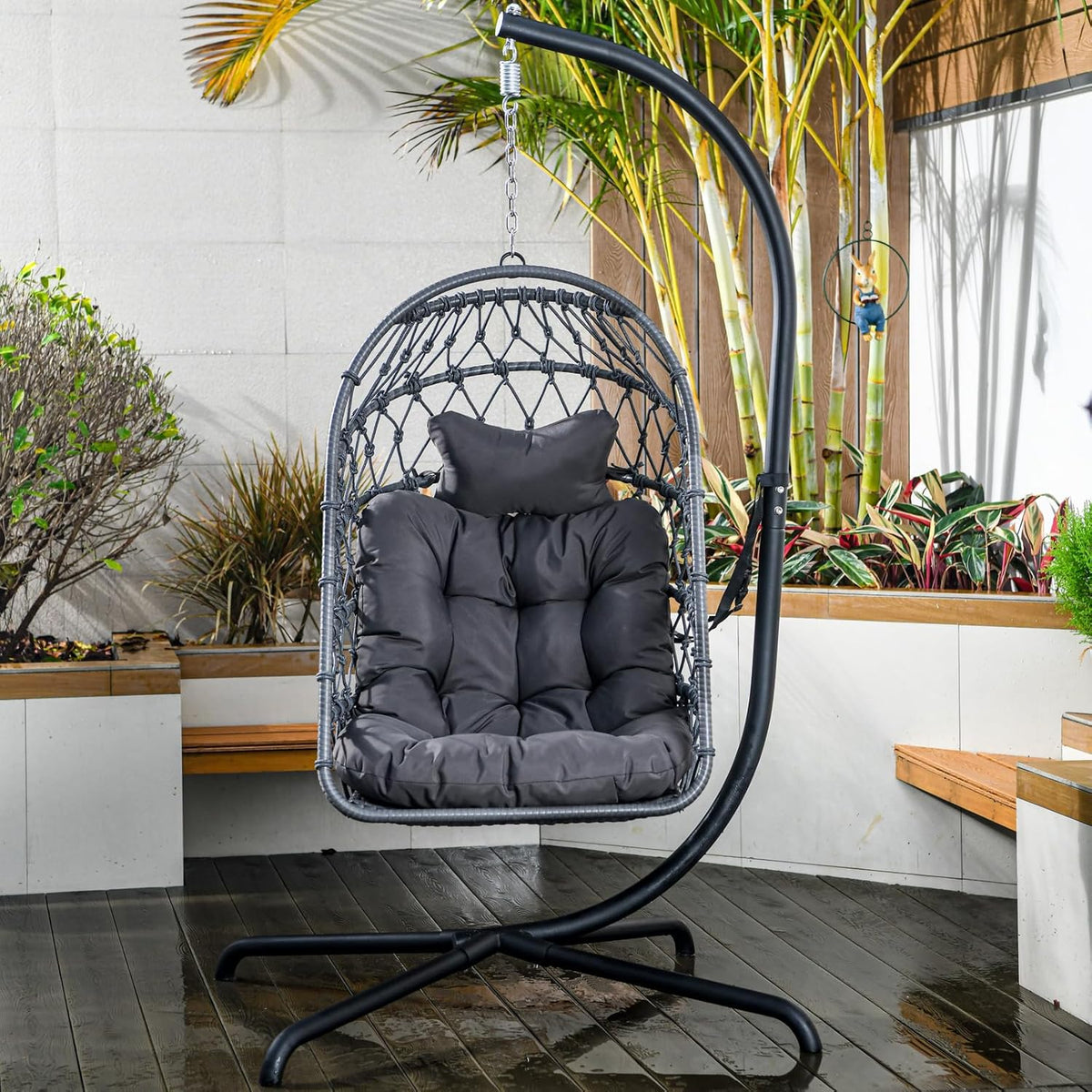 Indoor and outdoor egg-shaped rocking chairs with frames and covers. garden rattan hanging chairs. capacity 450 pounds. with UV-protective cushions. suitable for bedrooms. outdoor balconies. courtyards or living rooms (dark gray)