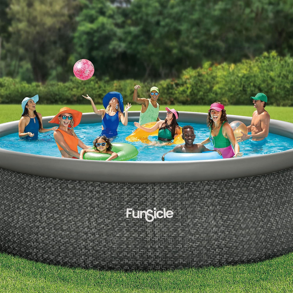 12 Foot by 36 Inch Quickset Round Inflatable Ring Top Outdoor Above Ground Swimming Pool Set with Pump and Cartridge Filter. Dark Herringbone