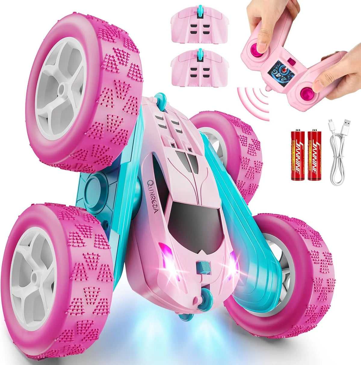 Children's version remote control car (suitable for children over 6 years old). RC car stunt toy. four-wheel drive. double-sided design. 360° rotating remote control. with headlights. is a birthday or Christmas gift for boys aged 6. 7. 8. 9. 10. 11.