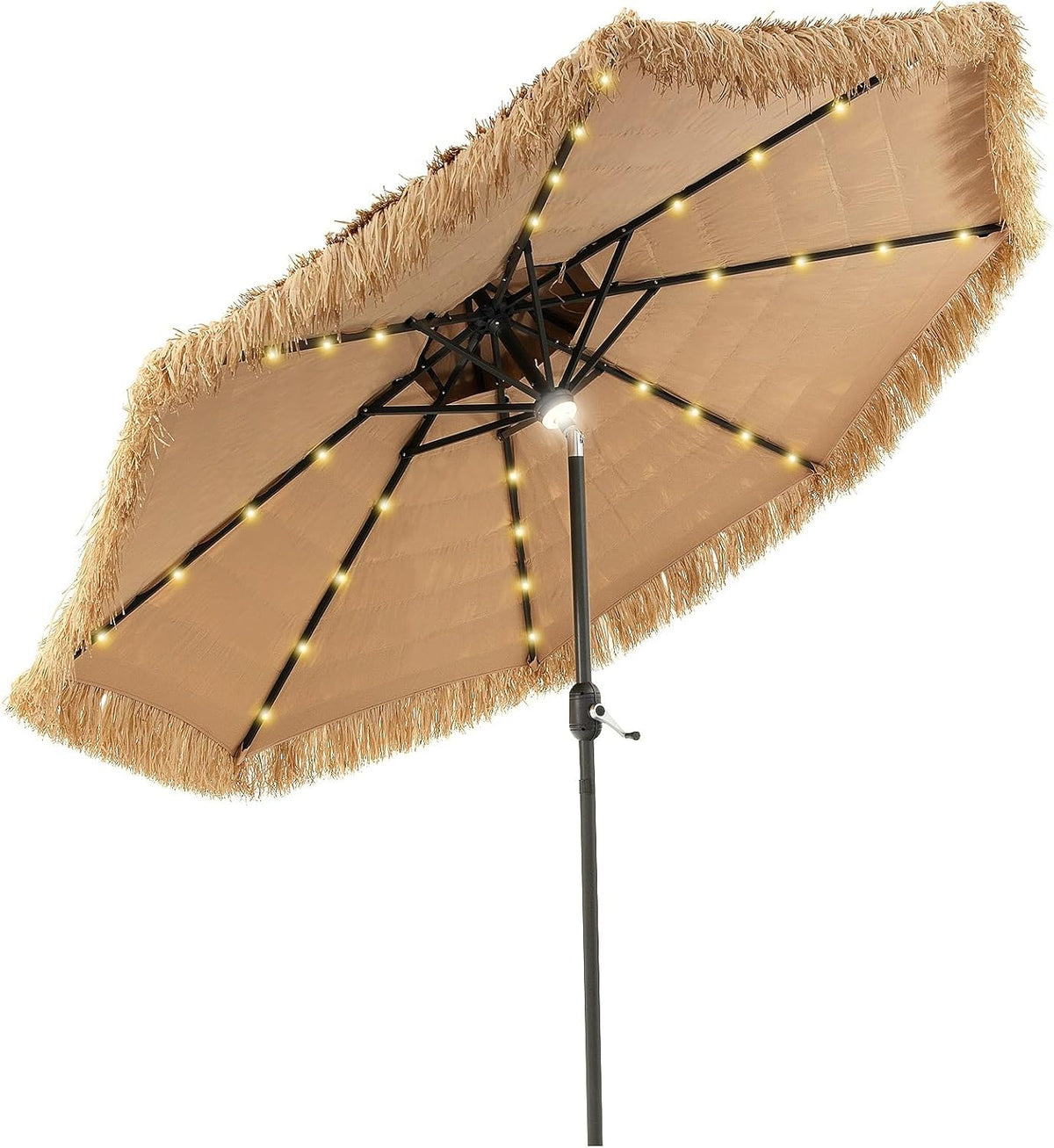 Mud-cloth style ti-ki courtyard shade umbrella - Two-layer Hawaiian lei-style inclined beach shade umbrella. equipped with 33 LED lights. 8 umbrella ribs and a rotatable lifting device. solar-powered lawn-type courtyard shade umbrella. tropical palm-