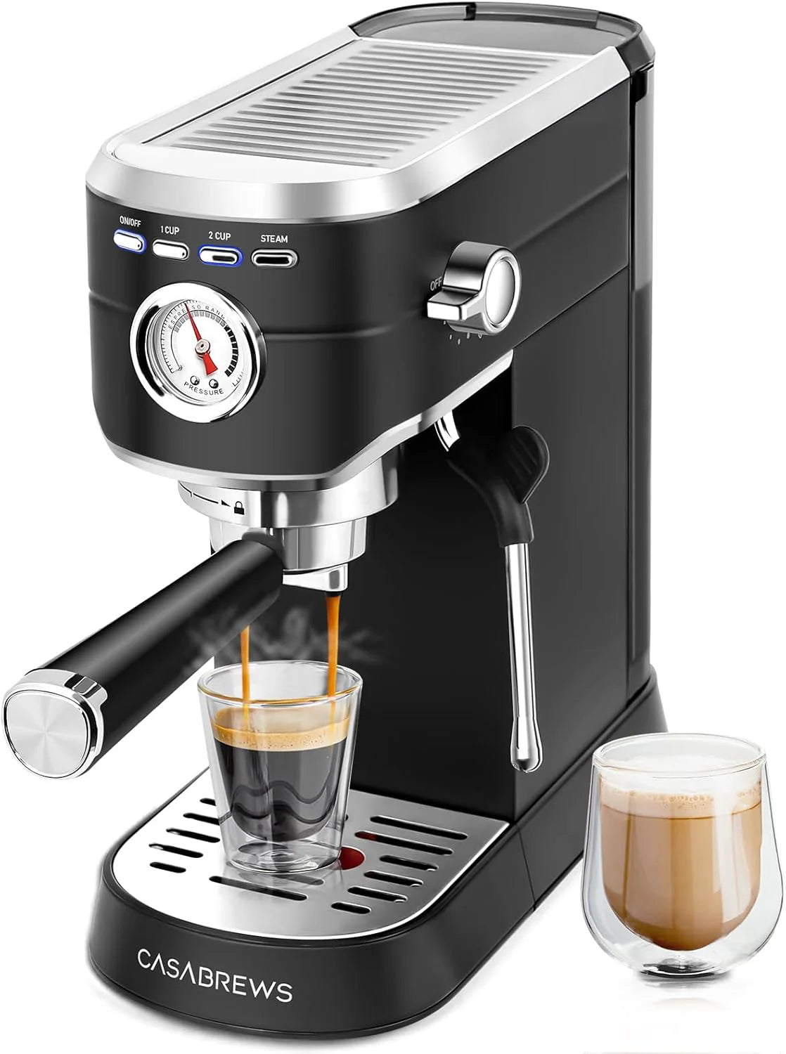 Espresso Machine 20 Bar. Compact Espresso Maker with Steam Milk Frother. Stainless Steel Coffee Machine with 34oz Removable Water Tank for Cappuccino. Latte. Silver