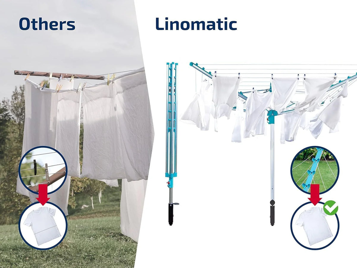 Simple drying machine. extendable by 50 meters to maintain cleanliness. made of fully rust-free aluminum material. with a shaft diameter of 3.28 meters and a maximum length of 2.03 meters. It has a pull-out rotating clothes drying rack. emerald green