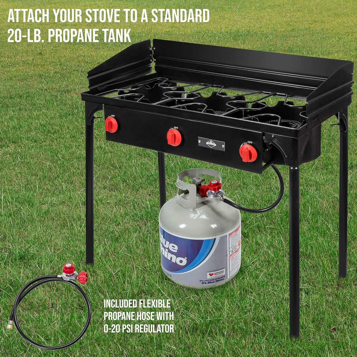 Dual-burner outdoor gas stove | 150.000 British thermal units portable propane stove. with blue flame control. detachable legs. temperature control knob. windproof panel. hose. regulator and storage box