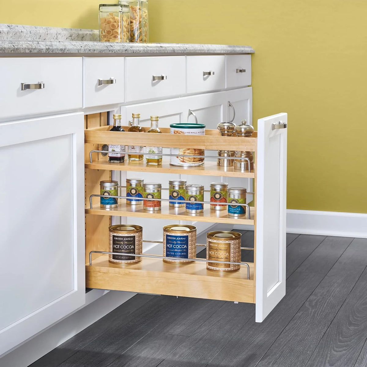 5-inch pull-out storage rack. suitable for bottom cabinets in kitchens/bathrooms. with a soft-closing slide rail for a spice rack/food storage rack. made of wood material