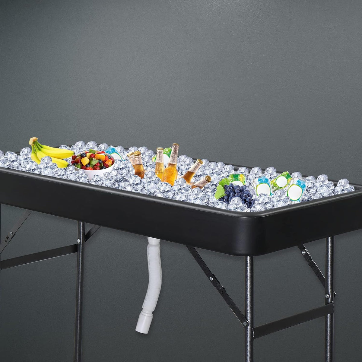4 feet black ice crystal table. portable rear panel camping fishing cleaning table. plastic material with matching skirt. suitable for parties. barbecues. camping and picnics as an ice chest