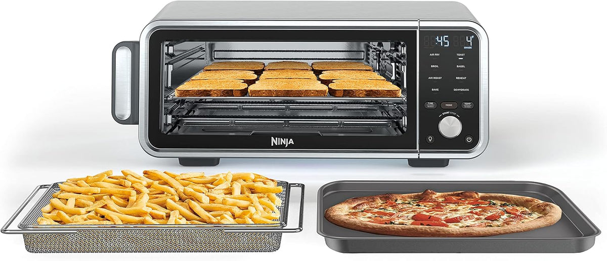 Toaster oven. air fryer. thermometer. toaster-air fryer combo. stainless steel material. quick cooking. french fries. frozen food. air frying. dehydrating. heating. 13 functions. less oil usage. flip-type oven