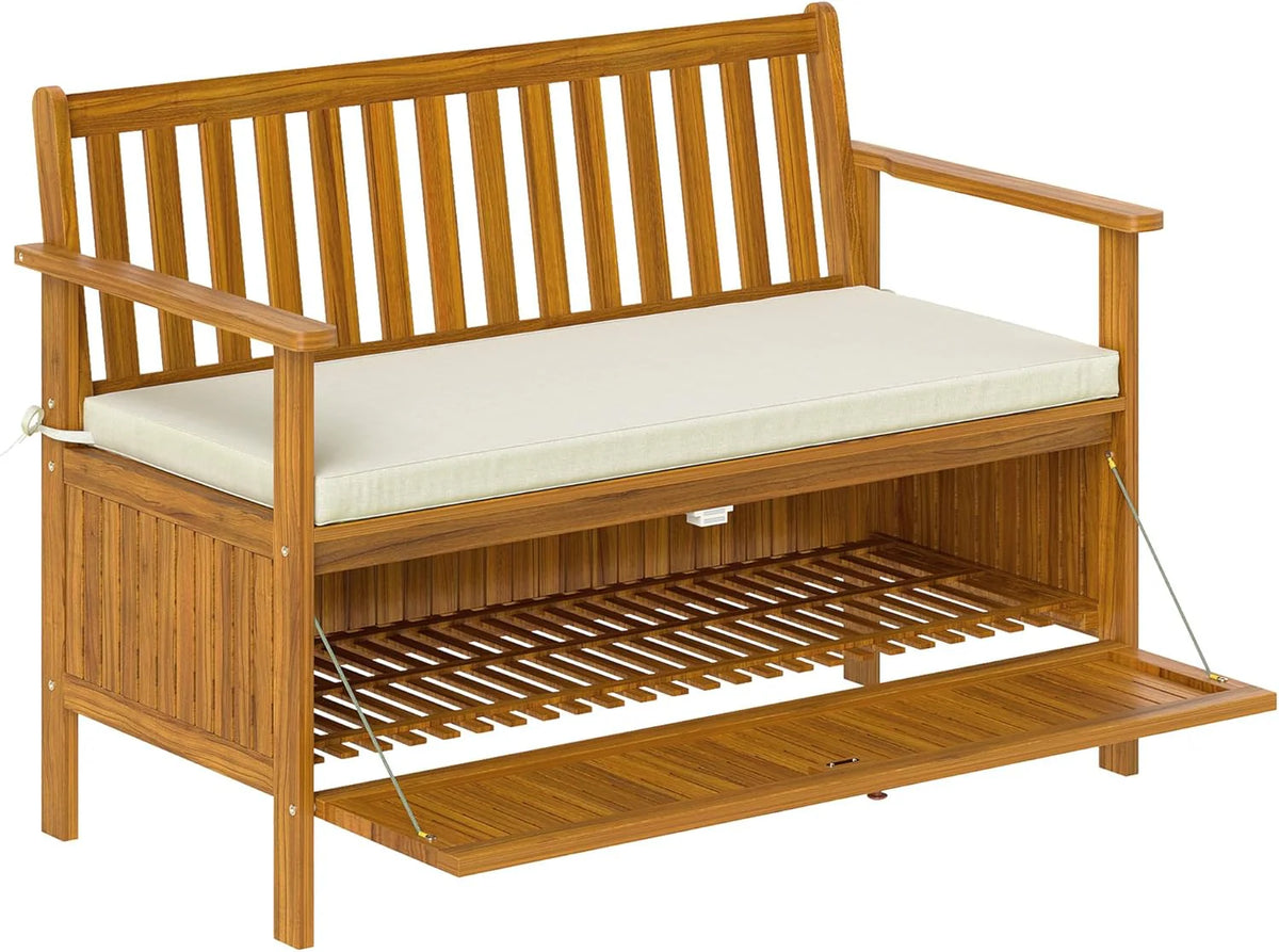 Outdoor bench with storage box. 28-gallon outdoor storage bench. garden seat made of rosewood with cushion. suitable for parks. balconies. and terraces. double-person outdoor furniture. made of teak material
