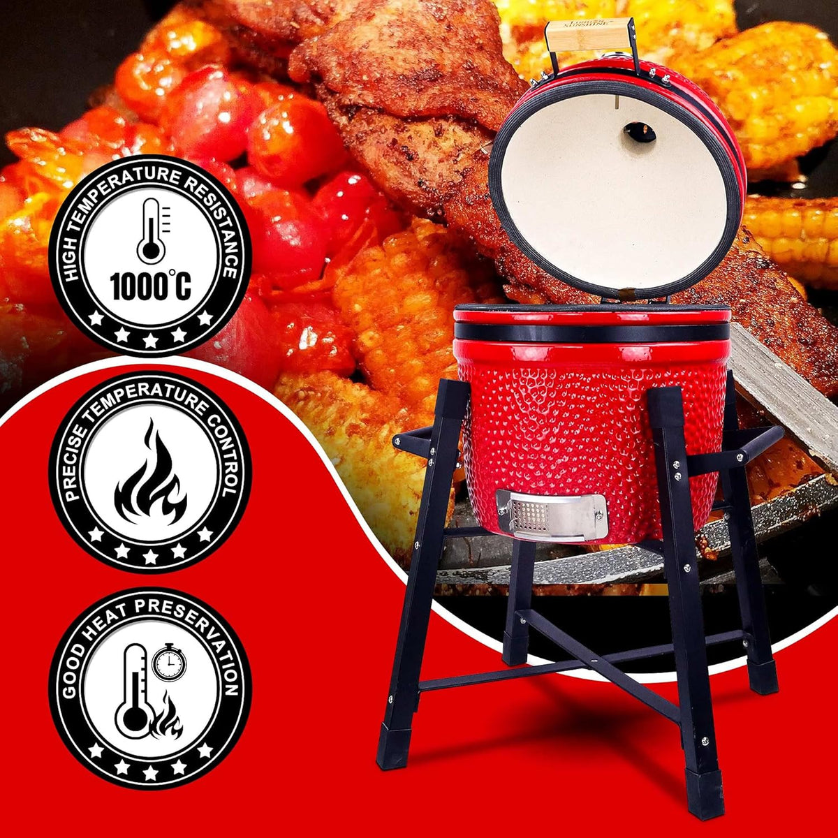 Ceramic Kamado Charcoal BBQ Grill and Smoker. Stainless Steel Grates -15 Ceramic with Tall Stand (GREEN)