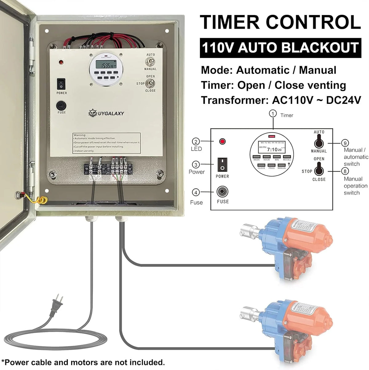 Electrically controlled timer for greenhouse roller shutters (for ventilation) uses an AC 110V to DC 24V transformer for timing control. enabling the opening or closing of the side top curtains of the greenhouse薄膜.