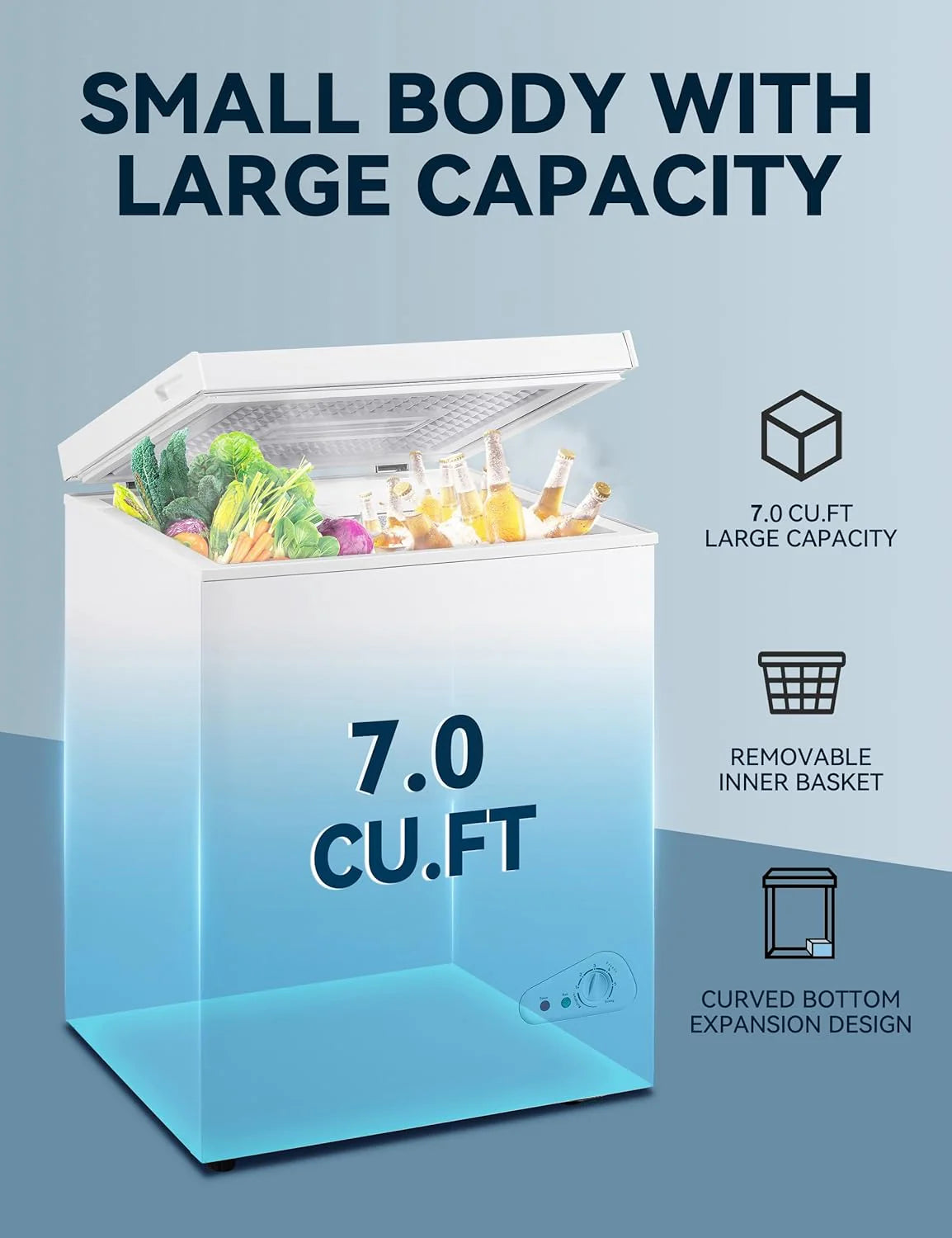 7.0 Cu Ft Chest Freezer - Energy Efficient & Quiet Mini Freezer with Adjustable Thermostat - Compact Deep Freezer for Home. Apartment. and Garage - Removable Basket & Defrost Drain