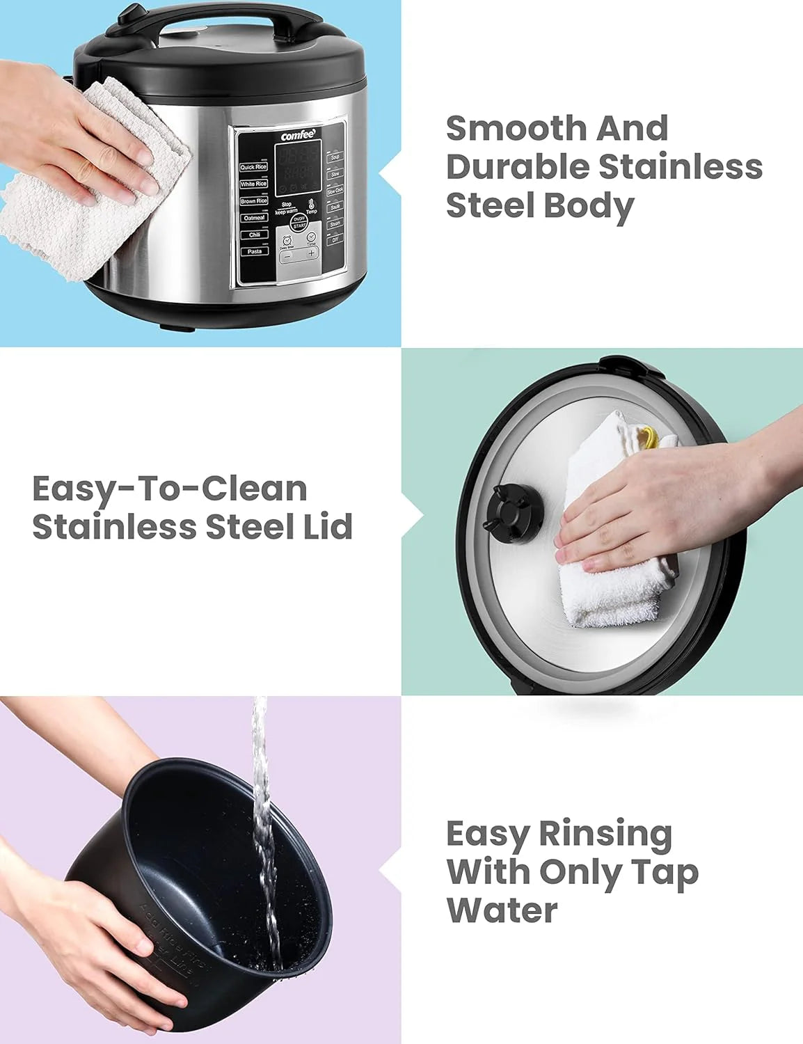Compact electric rice cooker. 6-in-1 stainless steel multi-functional cooking utensil. slow cooker. steamer. frying pan. heater and warmer. 2-gallon capacity (8 cups cooked. 4 cups uncooked). suitable for brown rice. quinoa and oats. 6 one-button pro