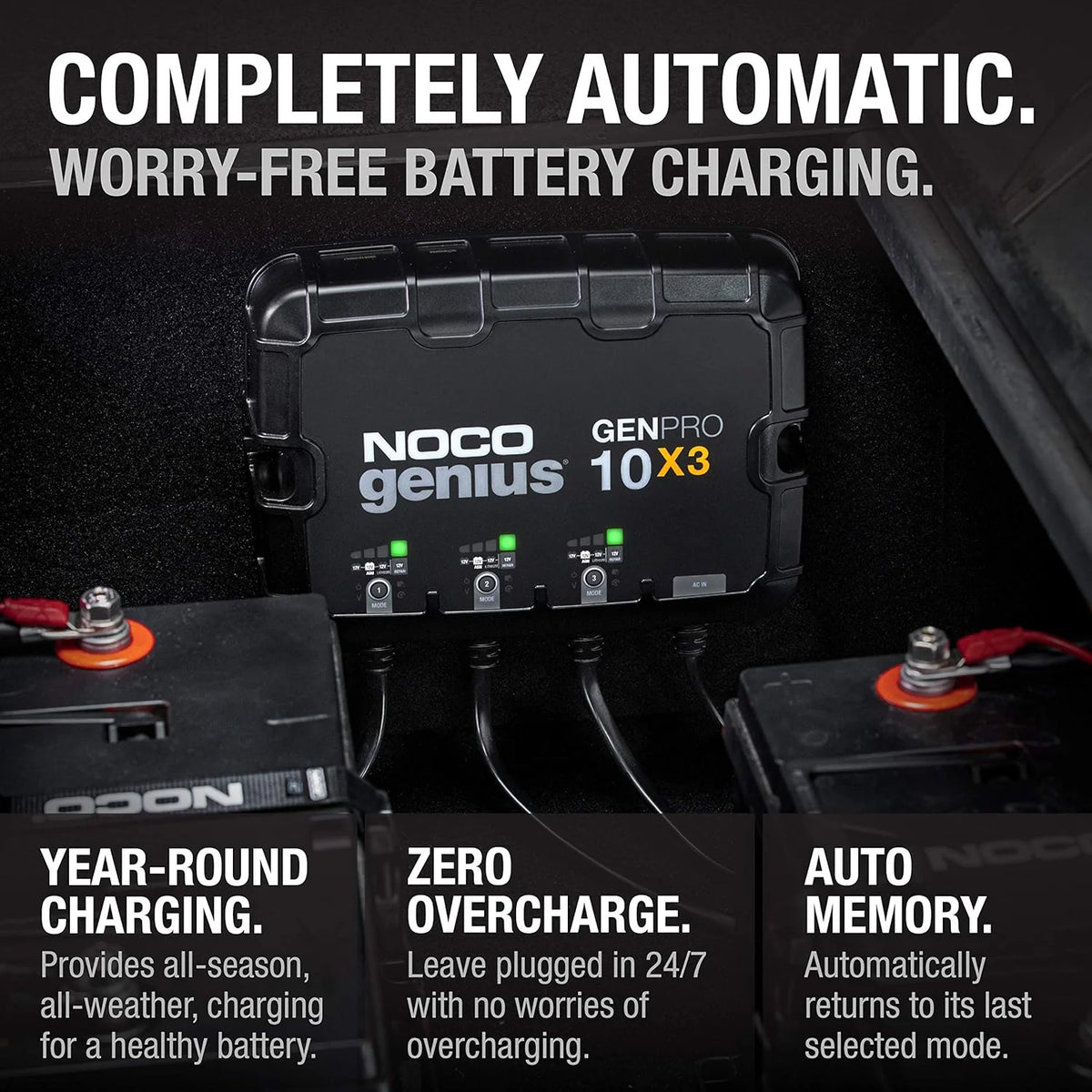 Three sets of batteries. 30-ampere built-in battery charger - Each set consists of 10-ampere. 12-volt waterproof marine charger. featuring overcharge protection and temperature compensation functions - Suitable for lead-acid batteries and lithium bat