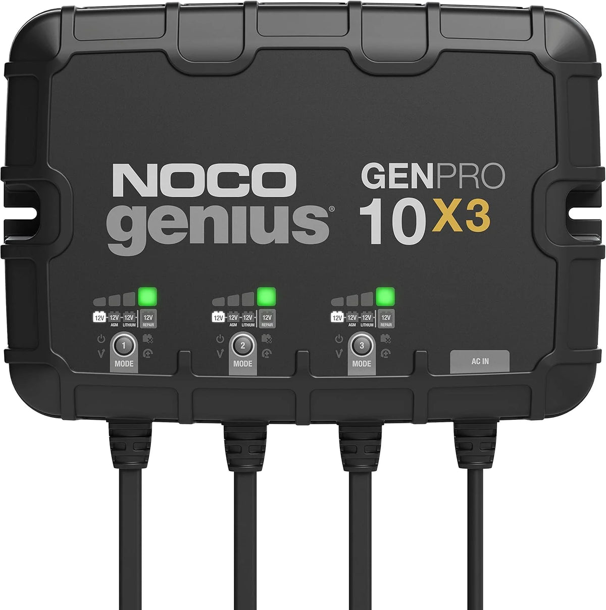 Three sets of batteries. 30-ampere built-in battery charger - Each set consists of 10-ampere. 12-volt waterproof marine charger. featuring overcharge protection and temperature compensation functions - Suitable for lead-acid batteries and lithium bat