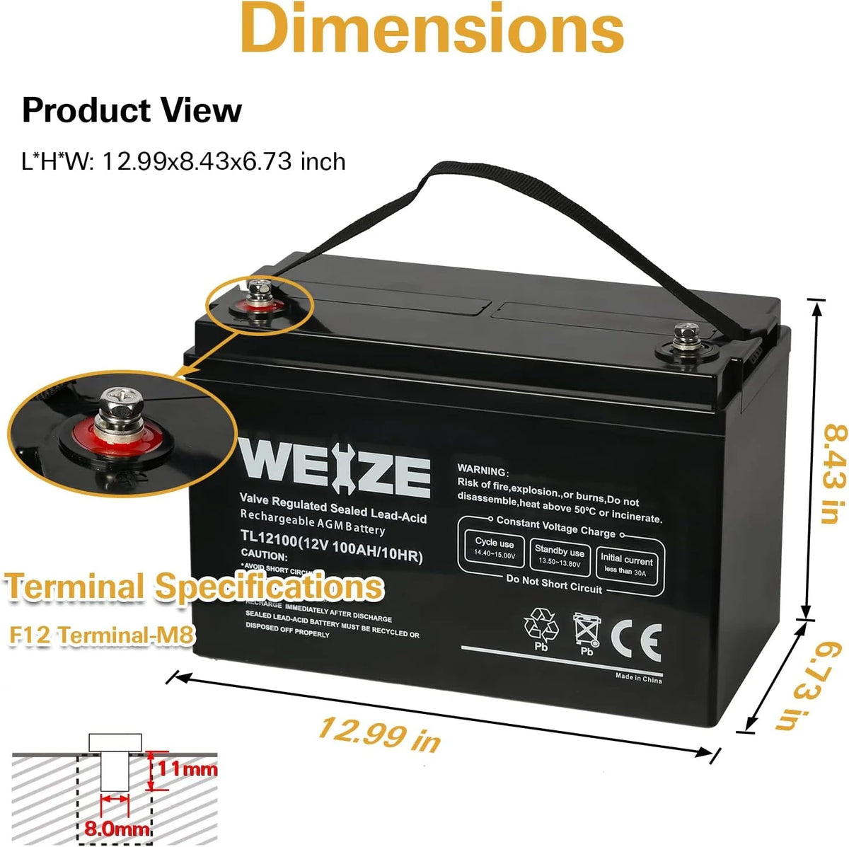 Deep Cycle AGM 12 Volt 100Ah Battery. Maintenance-Free. 3% Self-Discharge Rate. 1150A Max Discharge Current. Perfect for RV. Solar. Trolling Motor. Wind. Marine. Camping and Off-Grid System