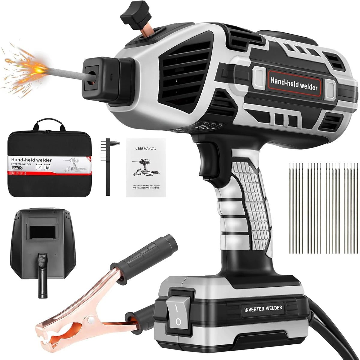 Portable Electric Welding Machine.110V Portable Welder Handheld with IGBT Inverter 5 Variable Current Adjustment.Portable ARC Welder Gun. Fits for 3/32 Wire Rods (Grey)
