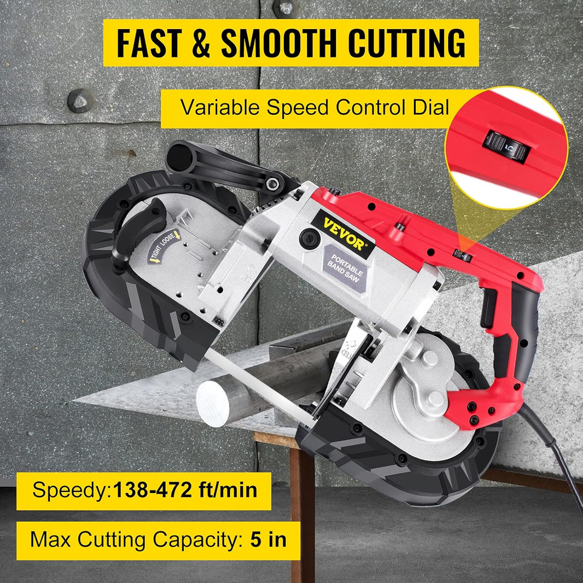 Portable Band Saw. 110V Removable Alloy Steel Base Corded Band Saw. 5 Inch Cutting Capacity Hand held Band Saw.Variable Speed Portable Bandsaw. 10Amp Motor Deep Cut Band saw for Metal Wood