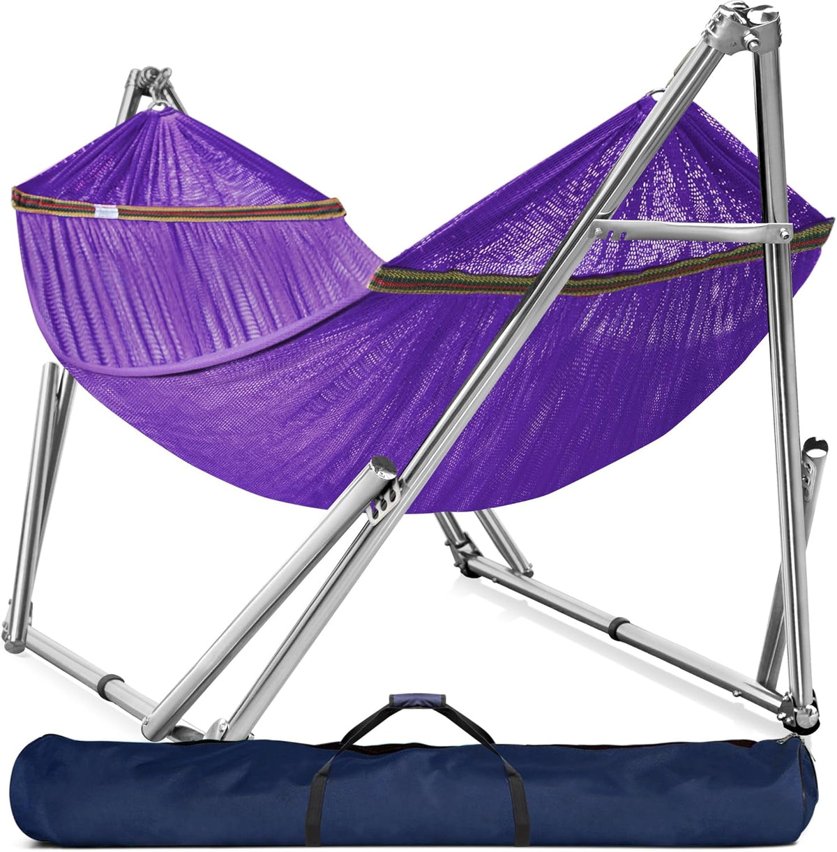Double hammock with frame. with a load capacity of 650 pounds. double hammock with support rods. made of high-quality 201 stainless steel. assembled in 30 seconds. sturdy and flexible portable hammock frame. suitable for outdoor and indoor use. black