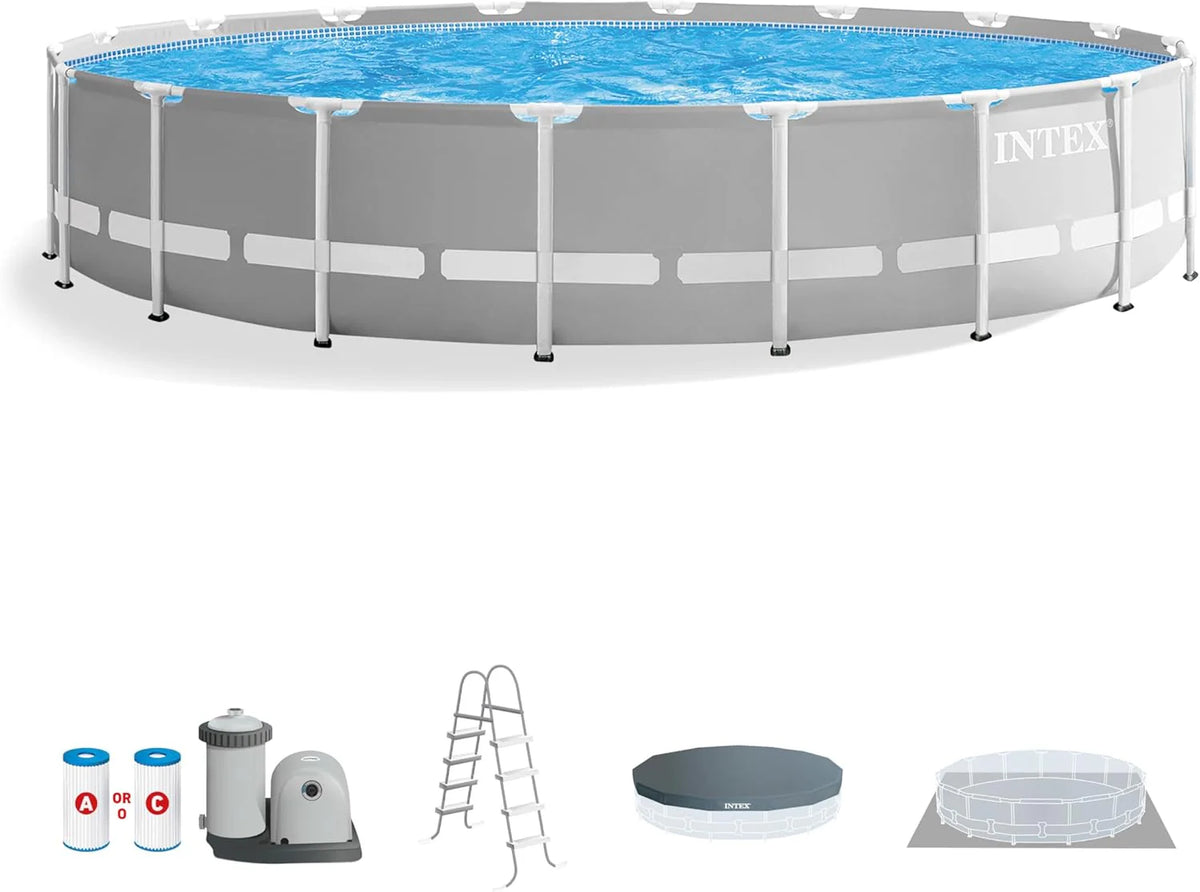 Above Ground Swimming Pool w/ Pump. Cover. & Ladder. 18' x 48. Prism Frame. Gray - Outdoor Round Family Pool w/ Filter. 42-Inch Deep Water