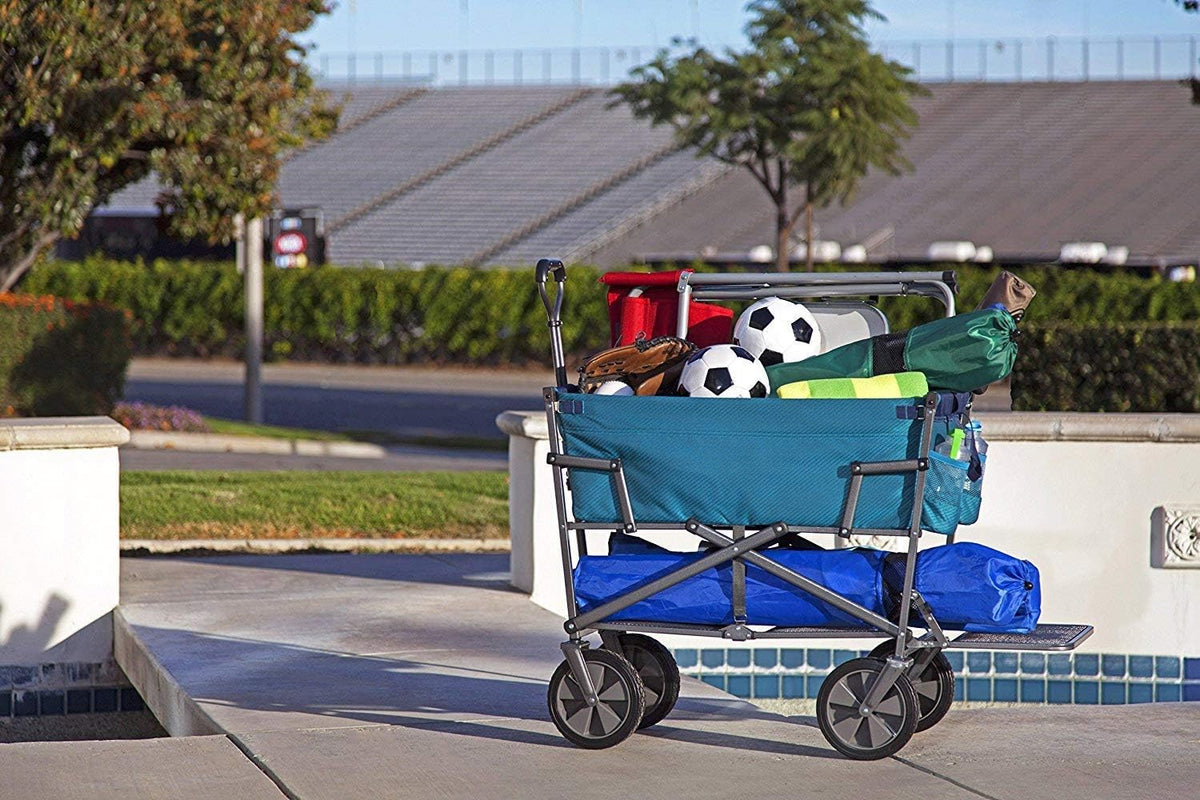 A foldable double-layer outdoor multi-functional truck. equipped with a long lower shelf. in blue-green color.