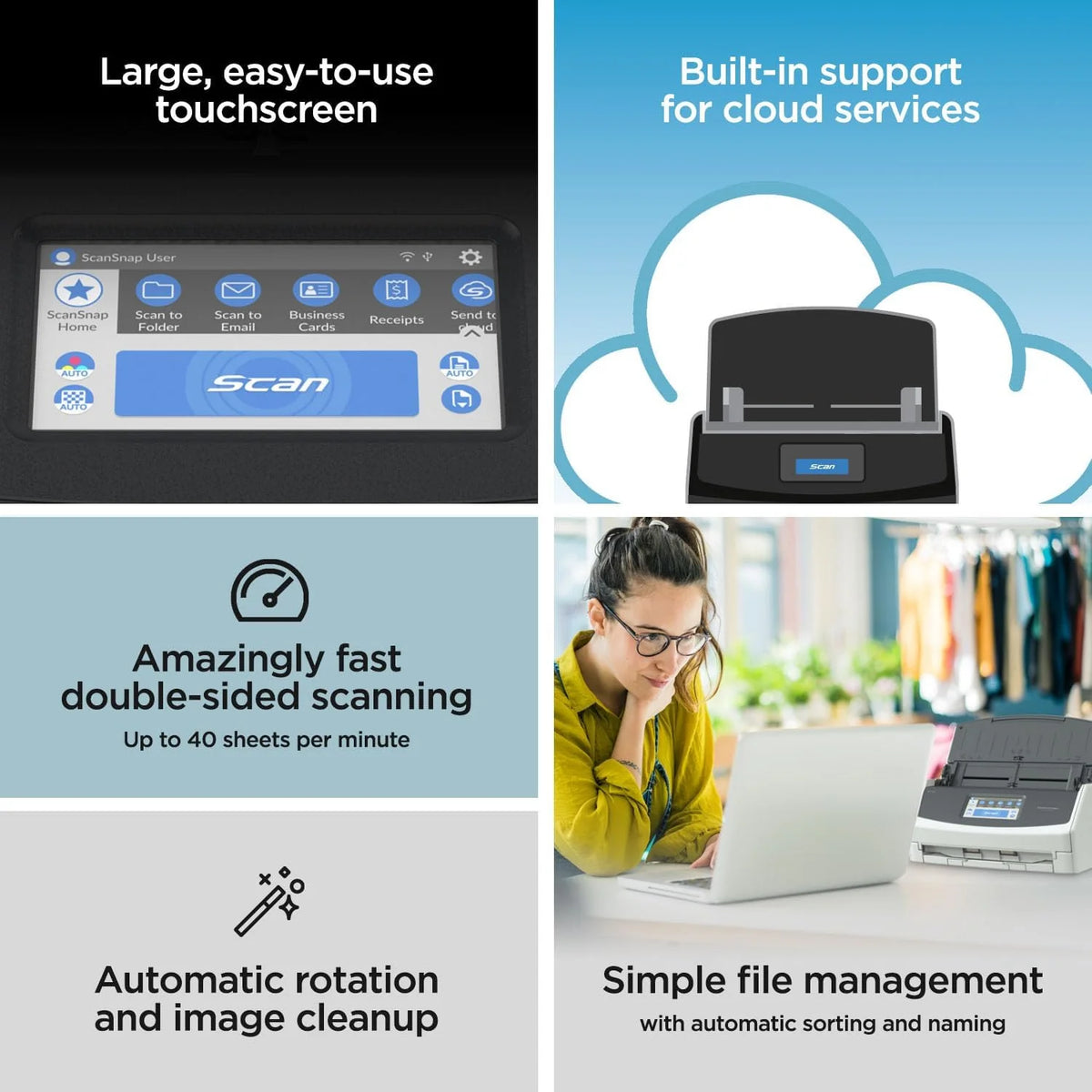 iX1600 Wireless or USB High-Speed Cloud Enabled Document. Photo & Receipt Scanner with Large Touchscreen and Auto Document Feeder for Mac or PC. 17 watts. Black